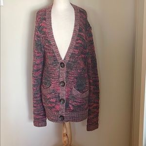 EUC Woman’s Large Free People 2 Pocket Button Up Pink & Gray Button-Up Cardigan